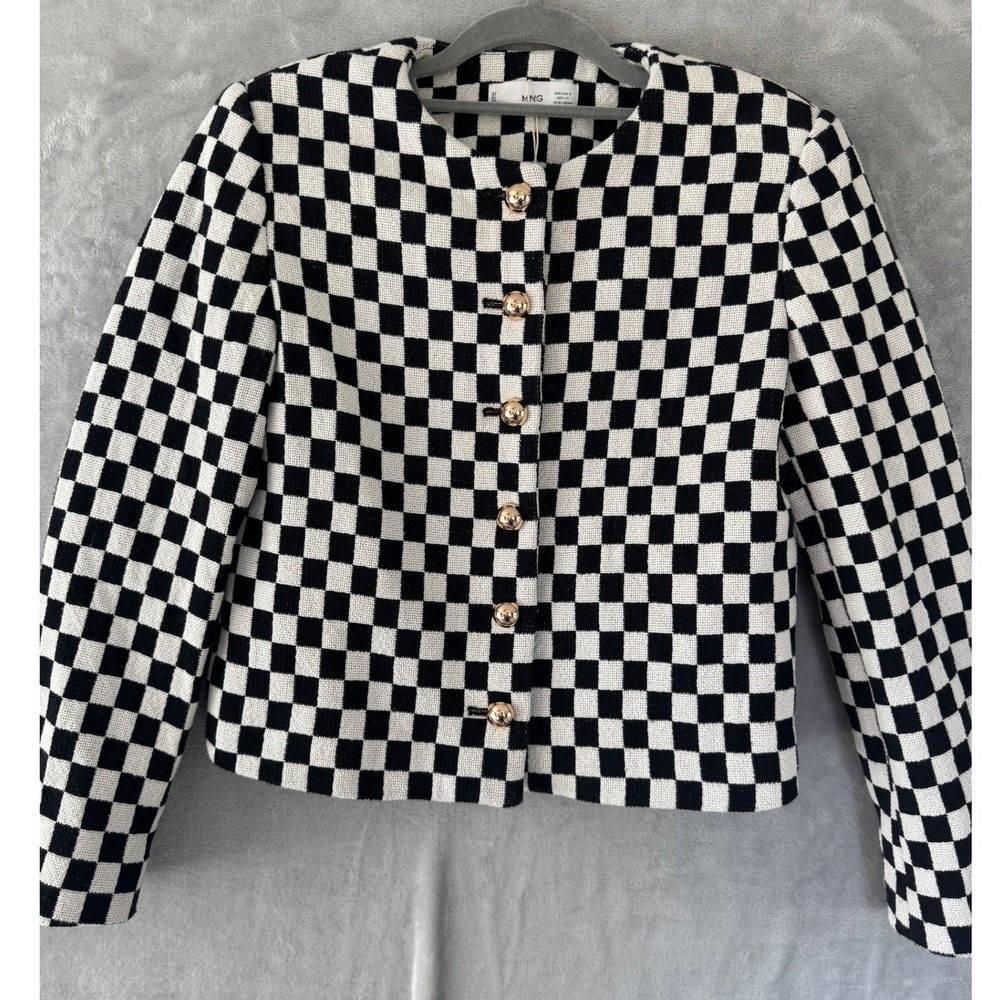 Mango MNG Women Black White Checkerboard Tweed Crop Jacket Small MSRP $179
